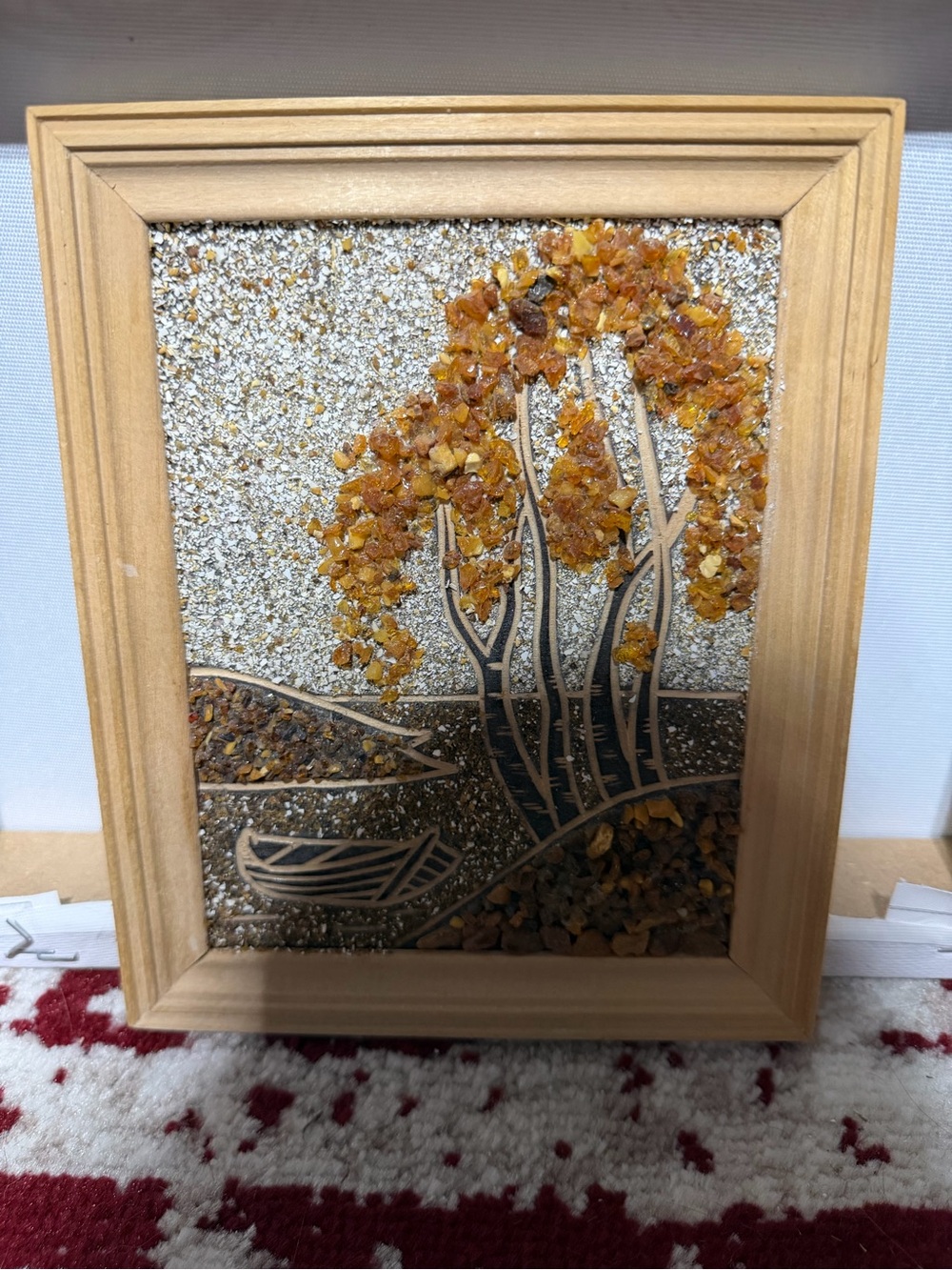 Vintage Handcrafted Baltic Amber Mosaic Tree Landscape Framed Wall Art
